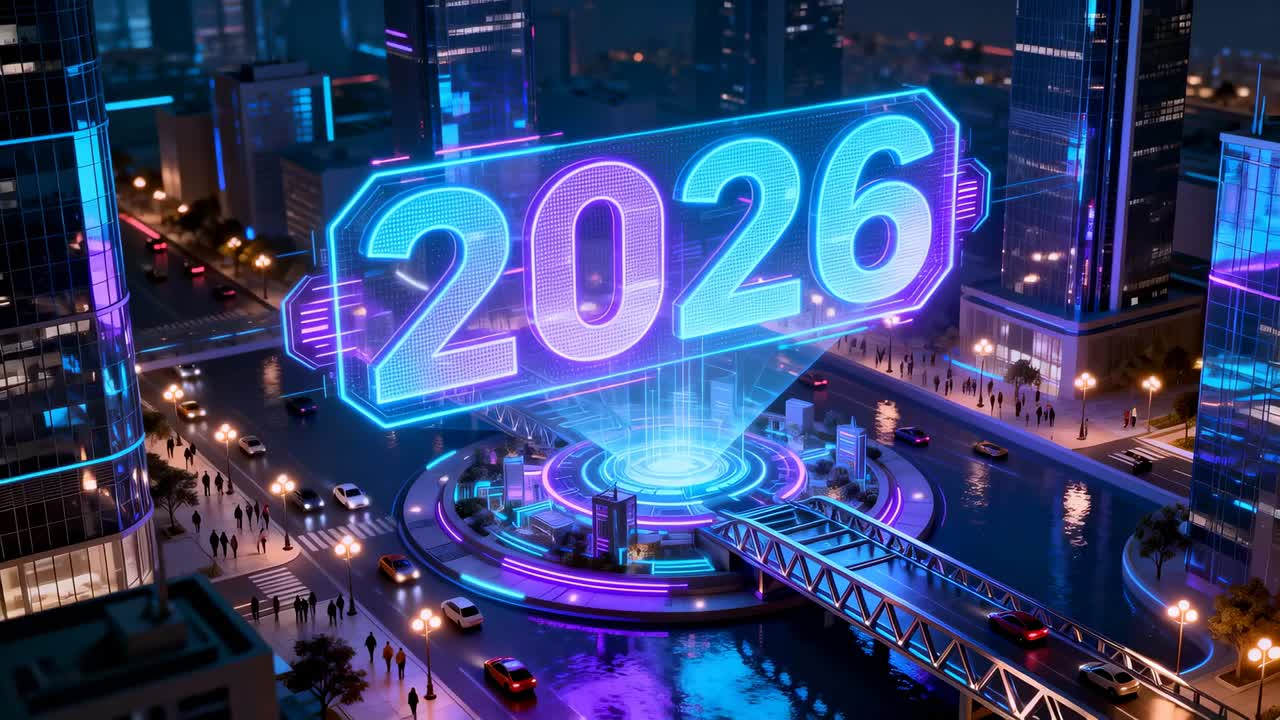 Telecamera con zoom che rivela un ologramma del 2026 che proietta fasci luminosi su una piazza illuminata, pendolari in cappotto