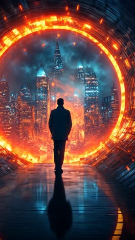 man standing at the edge of a glowing portal overlooking a city