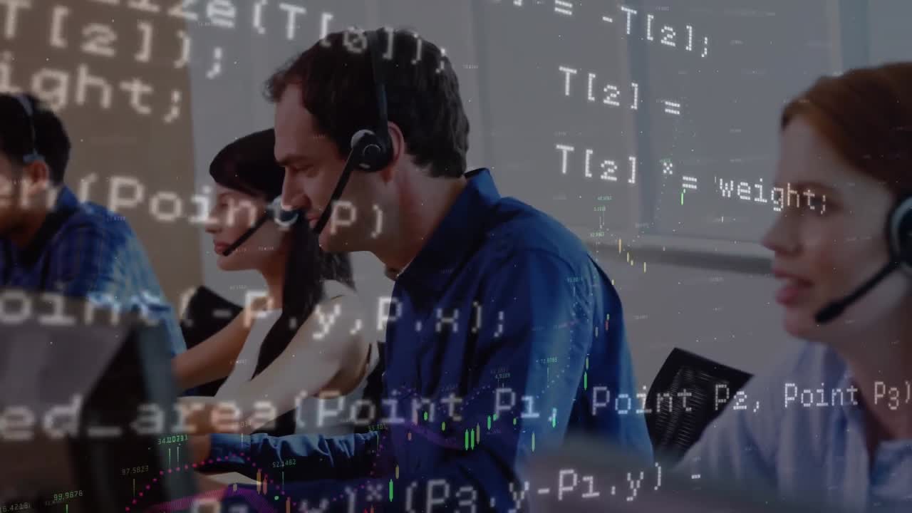 animación del lenguaje informático, gráficos, diversos representantes de los clientes que trabajan en la computadora.