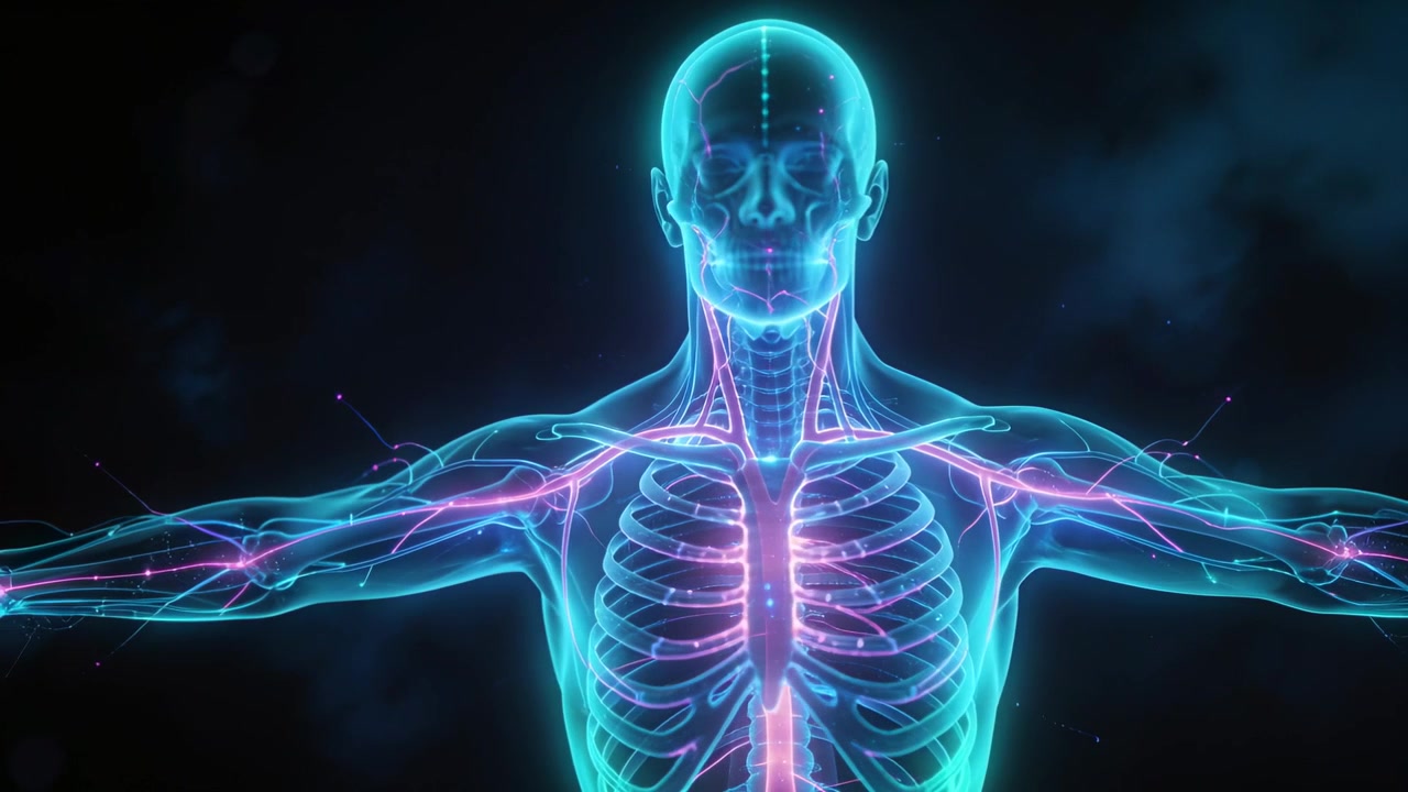 Pulsing chest column starting glowing torso rotating in dark void with neon skull and pink vessels