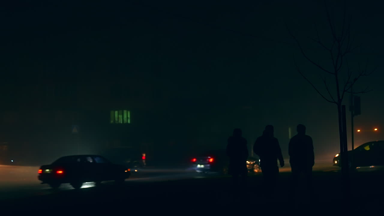 People Walking in Foggy Night City Street