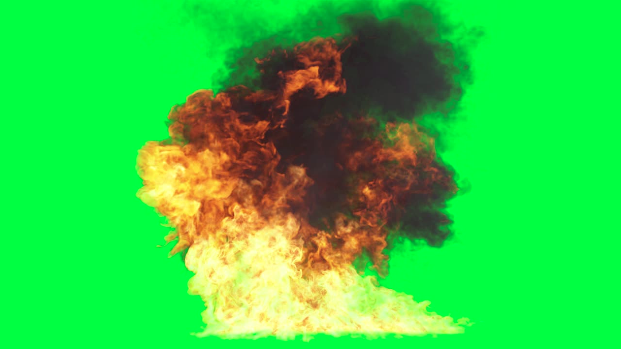 pantalla verde de explosión de fuego y humo