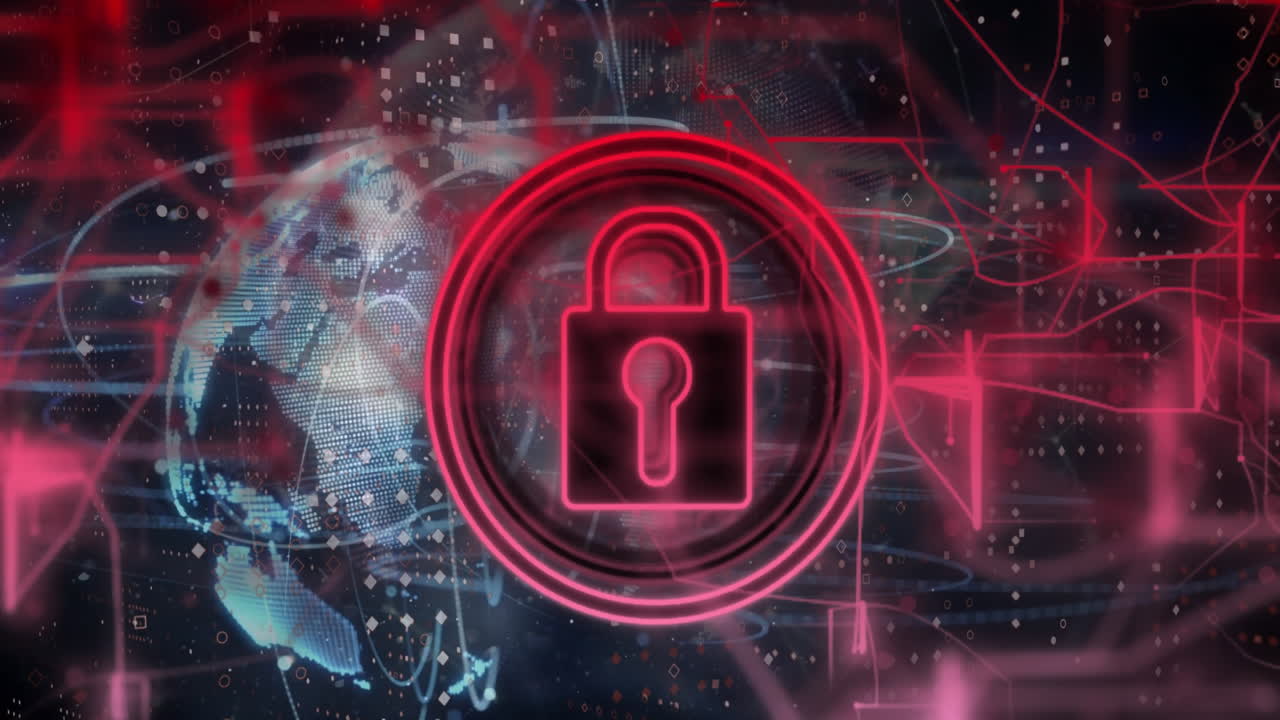 animación de un candado en círculo con líneas conectadas sobre el globo y los puntos