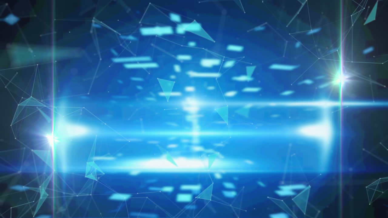 Network of connections and light trails against spots of light on blue background