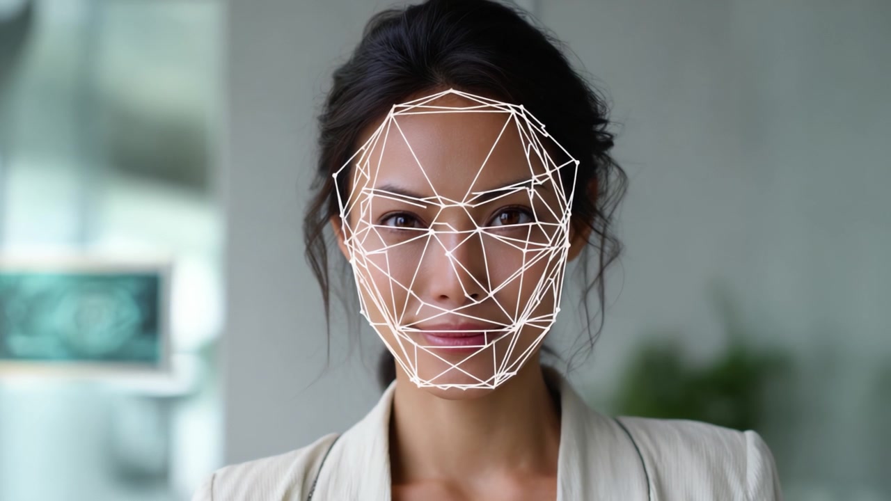 A captivating expression of facial recognition technology showcasing a woman with geometric facial mapping in a modern setting, highlighting advanced analytics and emotion.