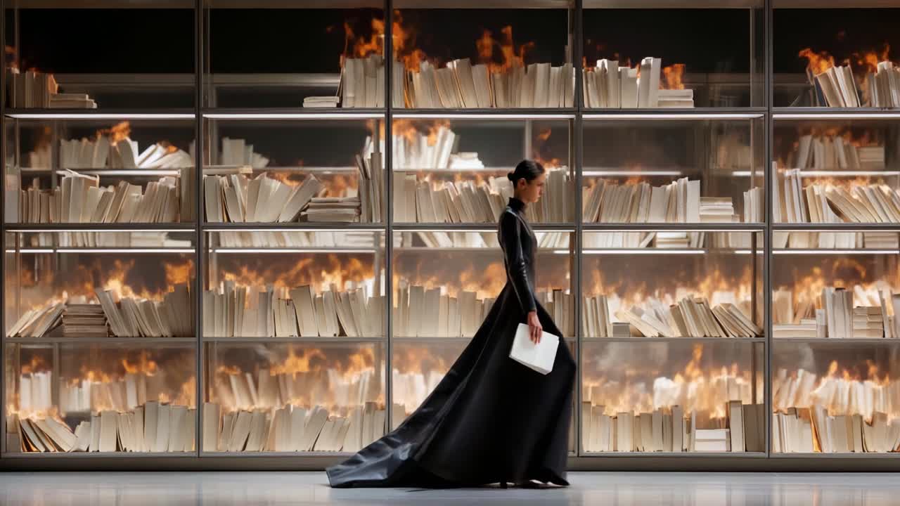 A striking visual narrative unfolds as a model gracefully walks past a burning library, showcasing fashion intertwined with the dynamic elements of fire and literature in a dramatic setting