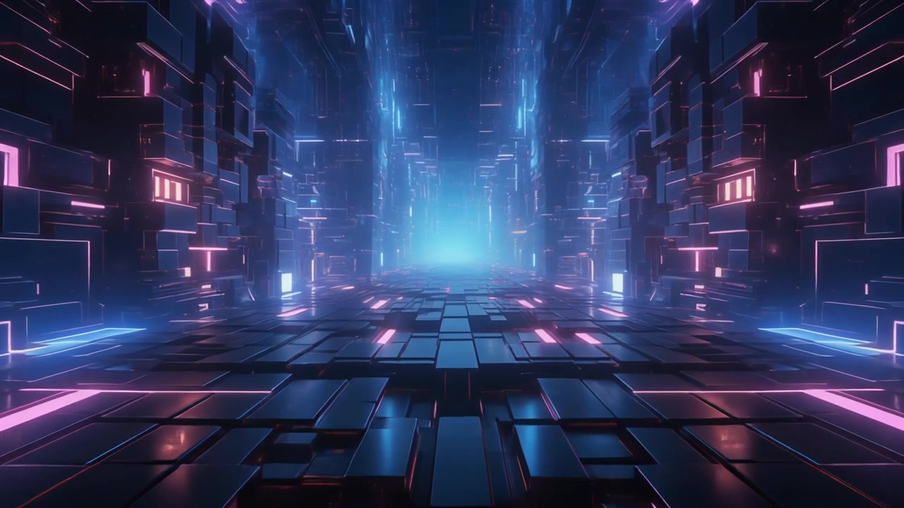 Corredor Digital Futurista com Luzes Neon Brilhantes e Estruturas Geométricas