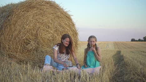 happy family in a wheat field. mother and daughter on a picnic in a wheat field near one of round bales at sunset time