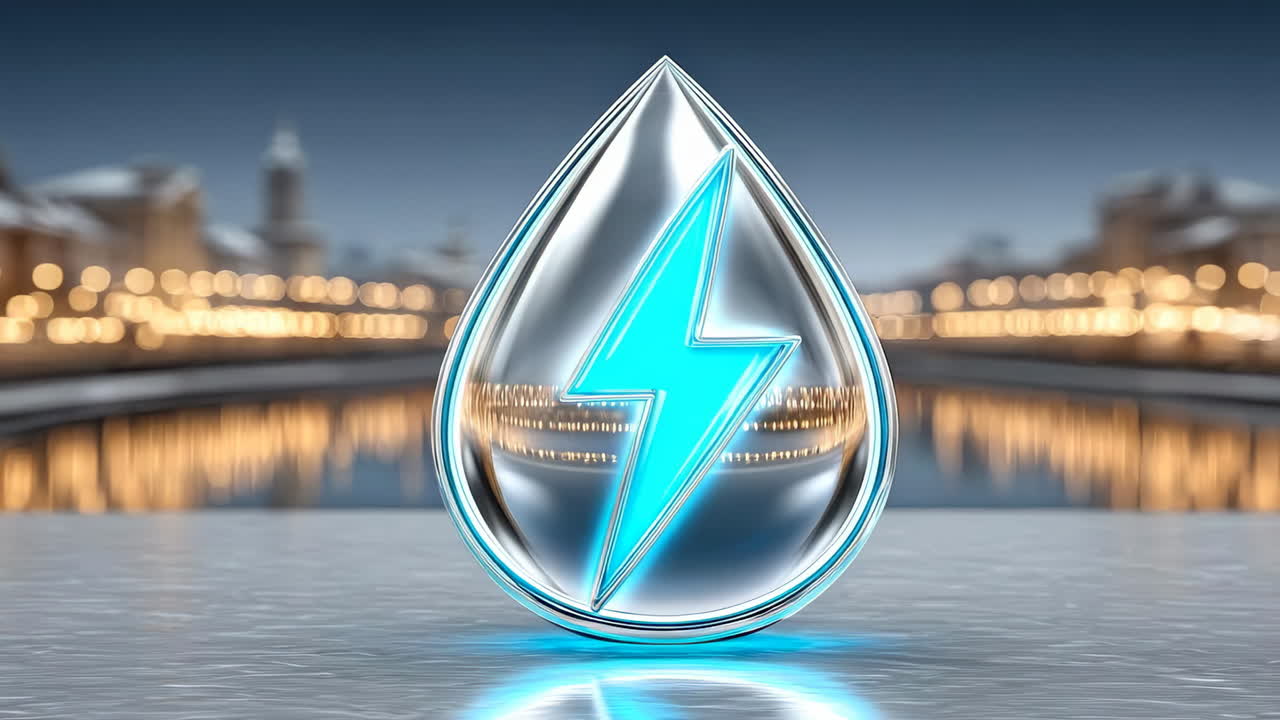 Blue lightning in droplet art. A blue lightning bolt glows inside a clear droplet, with city lights blurred in the background