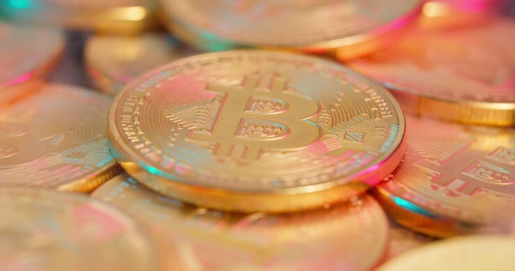 Primo piano di una moneta Bitcoin dorata con riflessi colorati