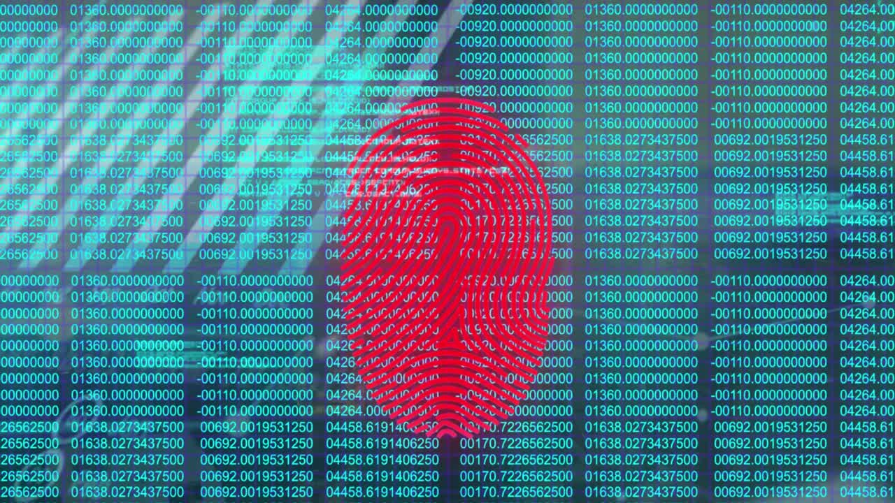 Animation of biometric fingerprint scanner over statistical data processing and binary coding