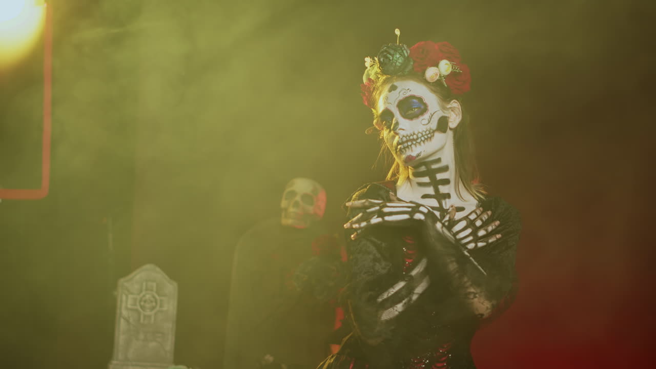 Halloween and Day of the Dead Celebration with Woman in Skeleton Costume