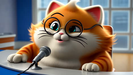 cartoon cat newscaster with glasses and microphone