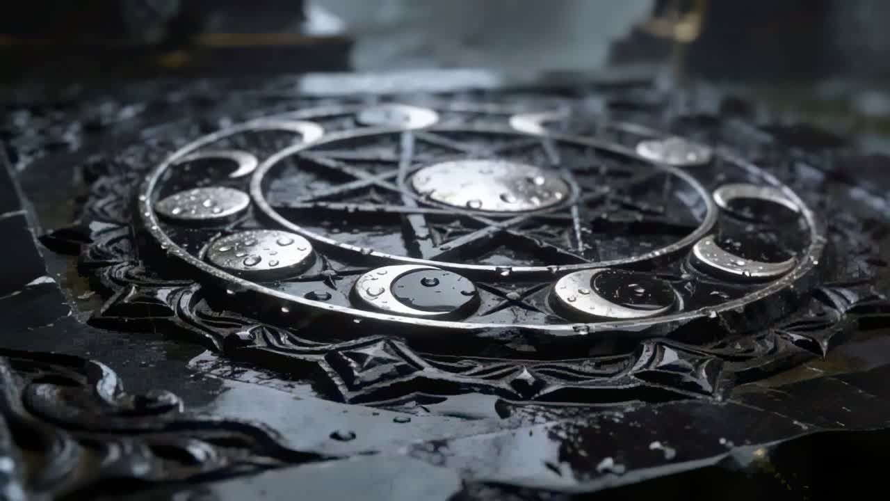 Pulling camera revealing ornate circular sigil with pentagram on dim hall floor, light rain pooling