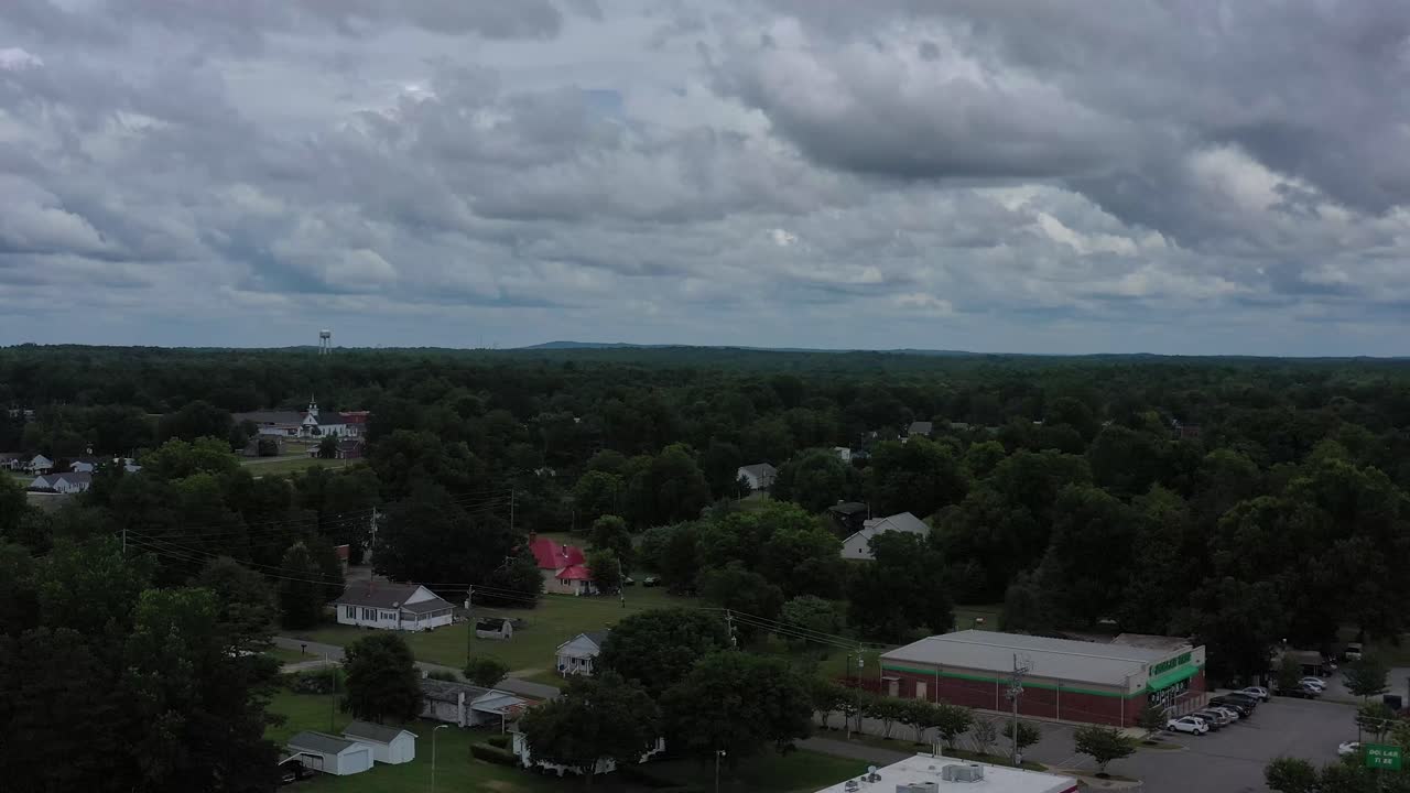 Drone flyover of a small suburban area
