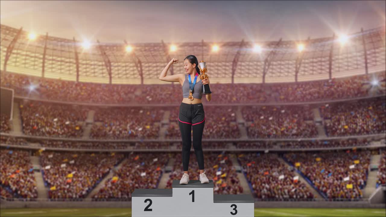 Woman Celebrating Victory on Podium
