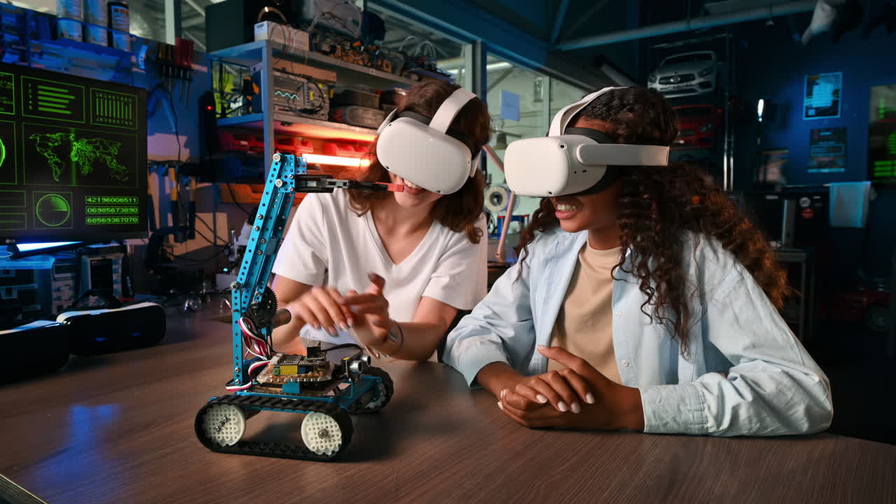 Two young women in VR glasses doing experiments in robotics in a laboratory. Robot on the table