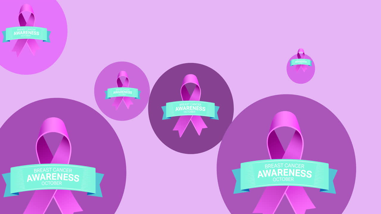 분홍색 배경에 나타나는 여러 개의 분홍색 리본 로고와 유방암 텍스트의 애니메이션