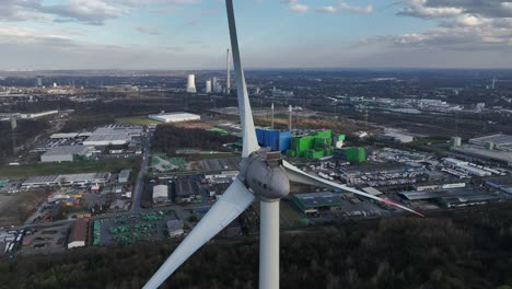 wind energy, wind turbine, green landscape, close up view. renewable energy resources, nature energy. aerial view.