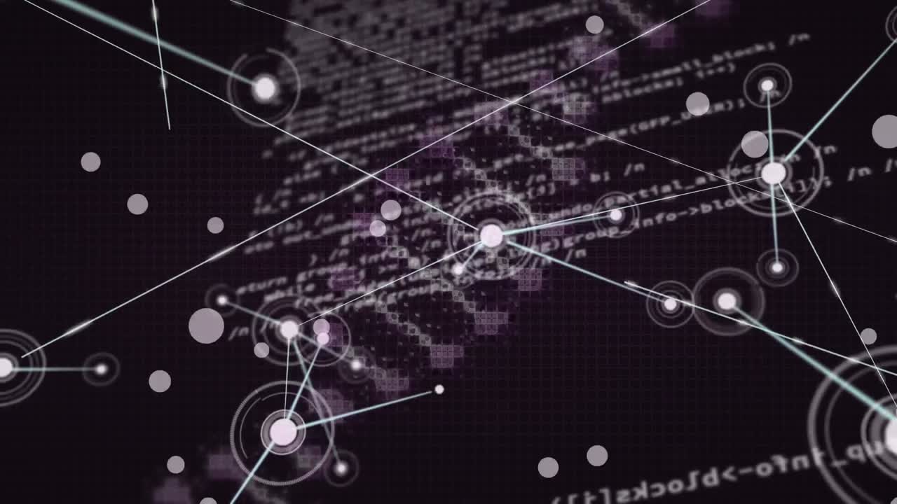 Animation of dna strand, data processing and network of connections over black background