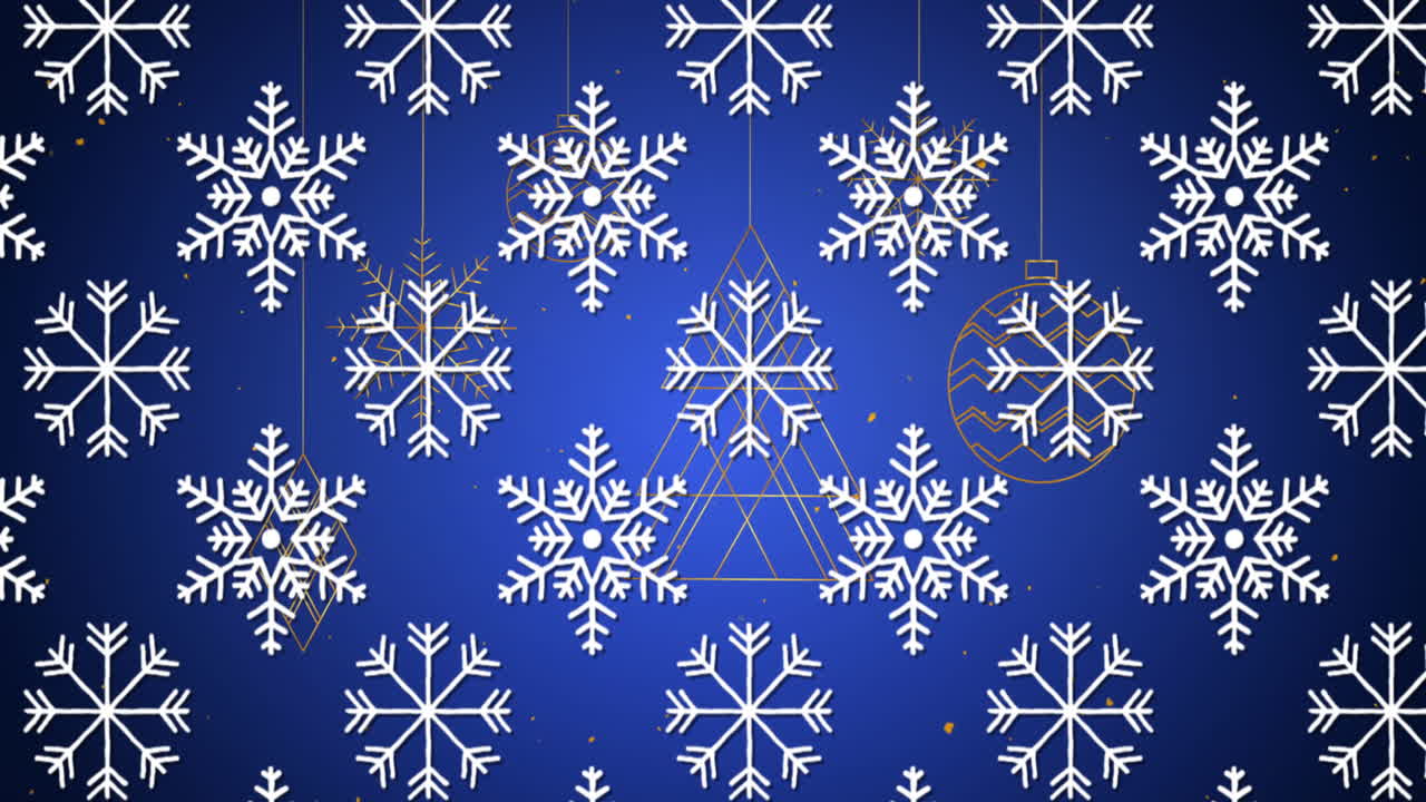 Snowflakes icons in seamless pattern against christmas hanging decorations on blue background