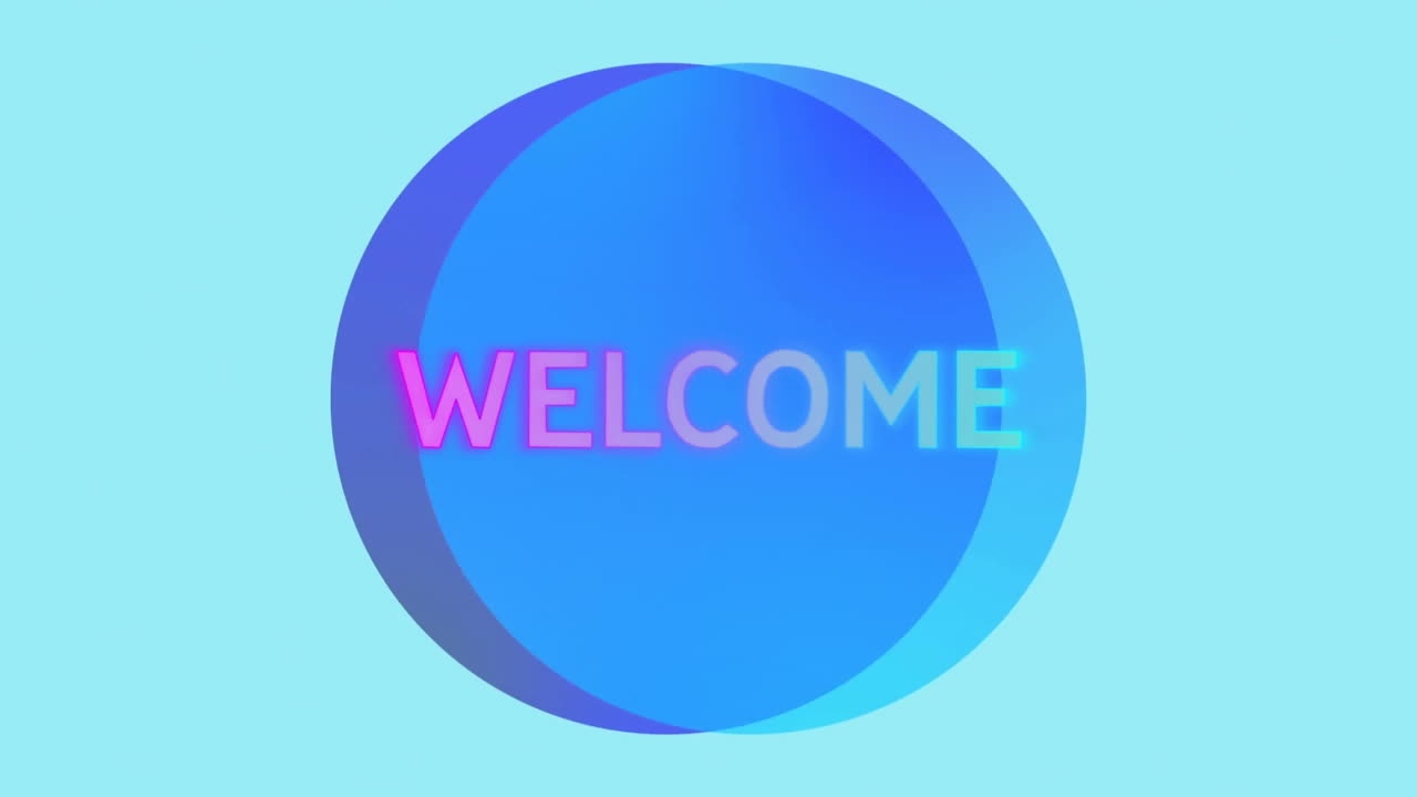 Welcome text animation over blue circular shapes on light blue background