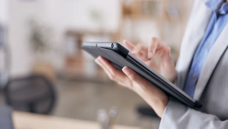 hands, business or woman typing on tablet