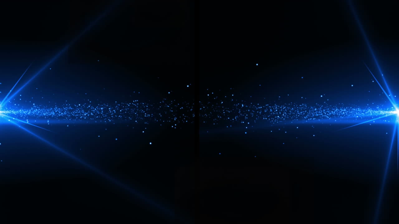 Animation of glowing blue particles of light moving to centre from left and right, on black