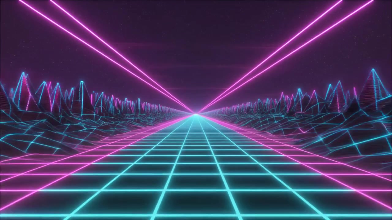 Paesaggio Digitale in Stile Retro Synthwave con Griglia al Neon Luminosa