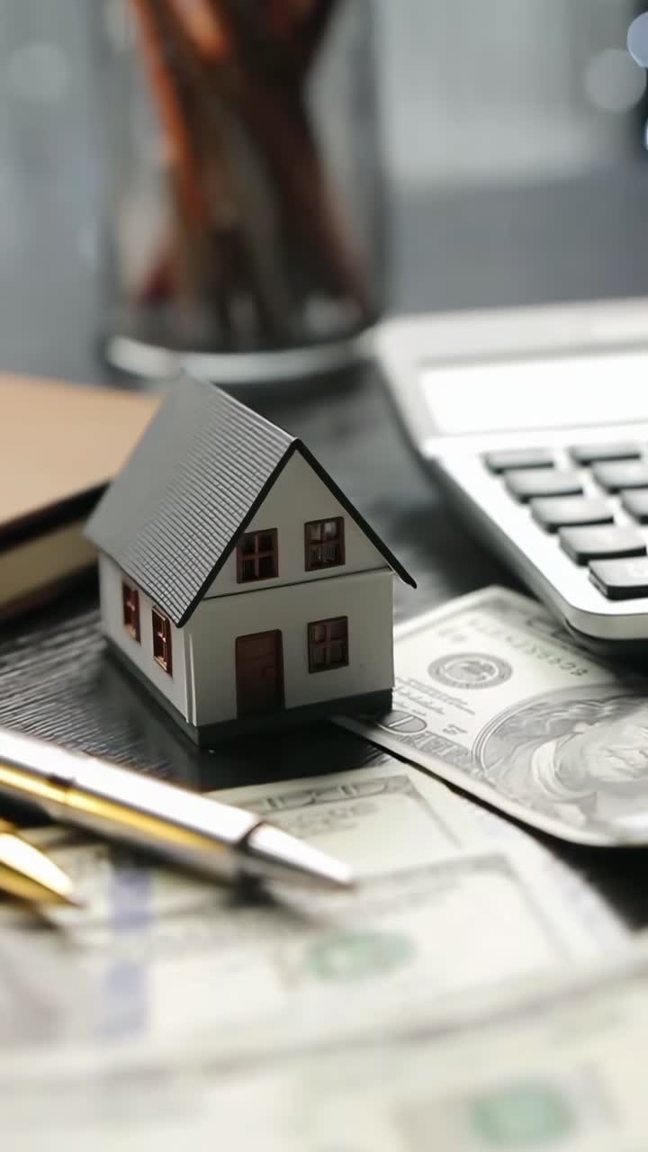 Angolazione ravvicinata di una casa in miniatura su una scrivania con denaro e calcolatrice, ideale per un video sulla finanza.