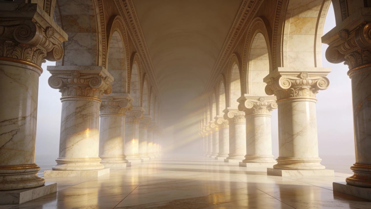 Luce solare che filtra attraverso gli archi a destra in una grande sala, colonne che mostrano profondità, pavimento che brilla d'oro.