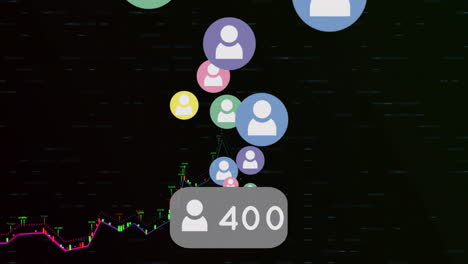 animation of floating people icons and number count, over interface with data processing on graph