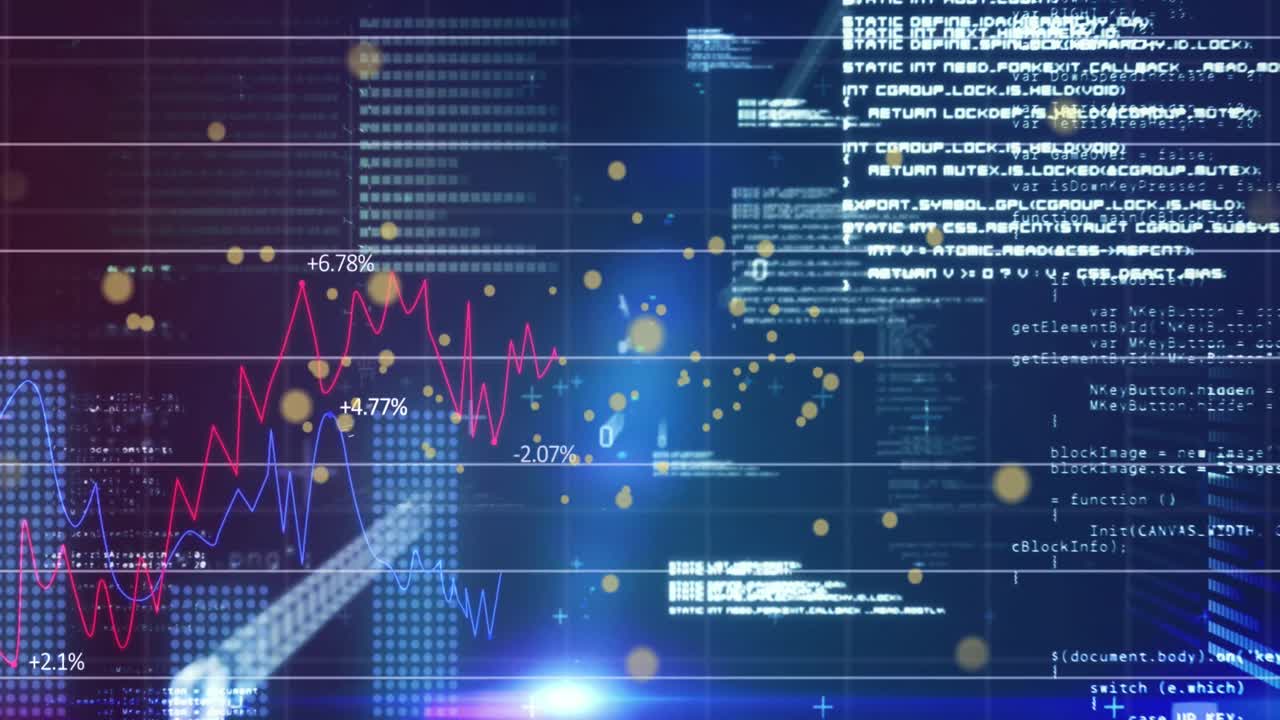 Video of financial data processing over dark background