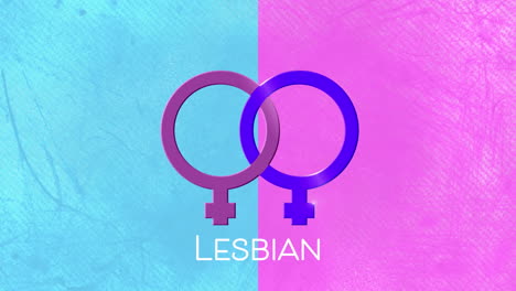 animation of text lesbian and two linked pink and purple female gender symbols, on pink and blue