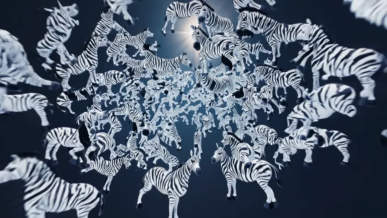 Numerous zebras floating through a dark tunnel, illuminated by a bright light, create a surreal and artistic composition that captivates with its unique and imaginative vision