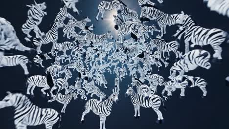 numerous zebras floating through a dark tunnel, illuminated by a bright light, create a surreal and artistic composition that captivates with its unique and imaginative vision
