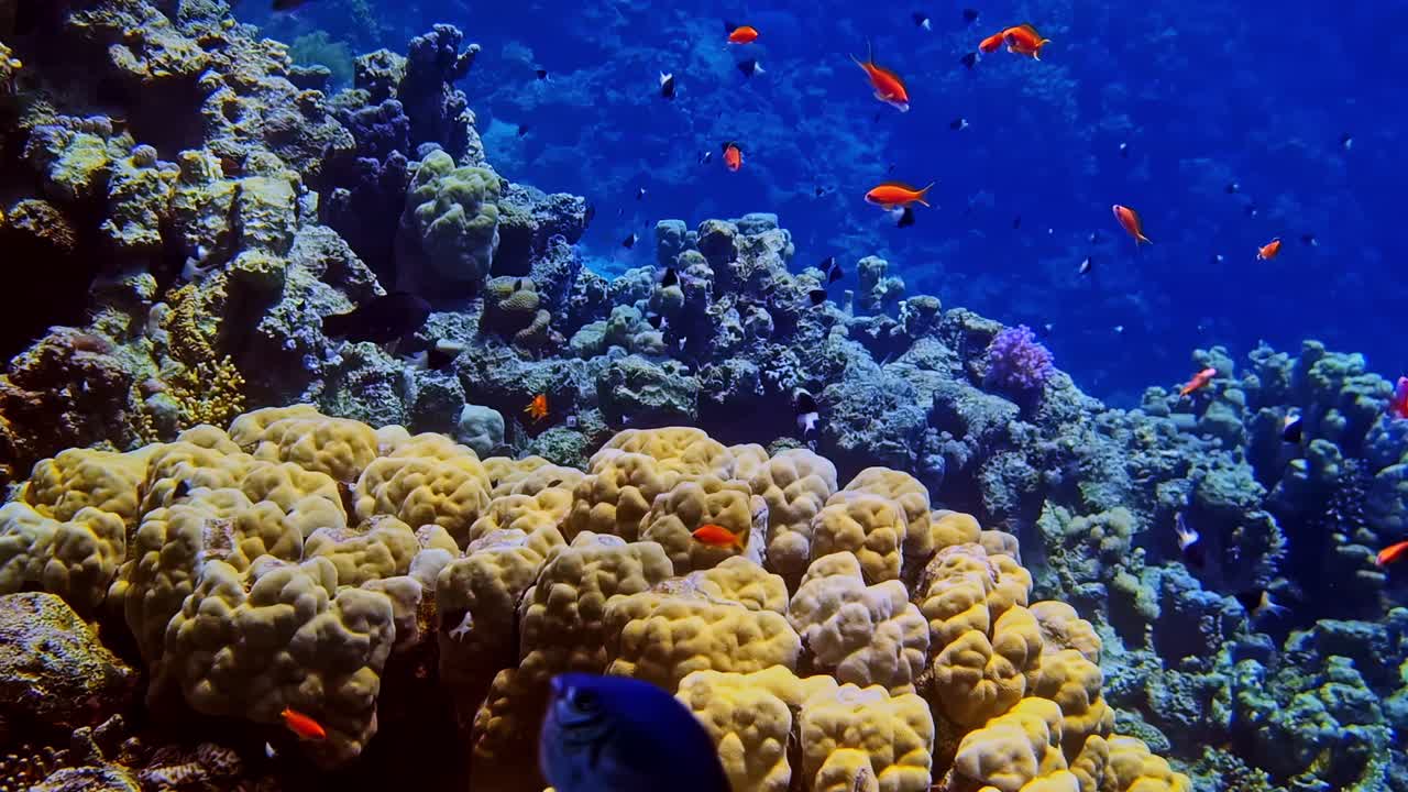 Pendio corallino colorato brulicante di antia arancioni e pesci damigella neri