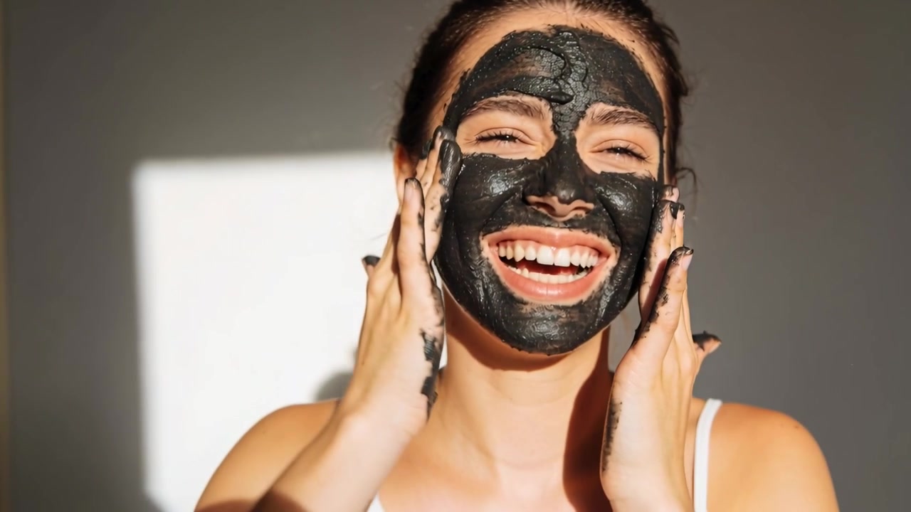 Frau führt Hand zur Stirn, trägt schwarze Maske auf, nahe sonnenbeschienener Wand, trägt weißes Oberteil für die Hautpflege.