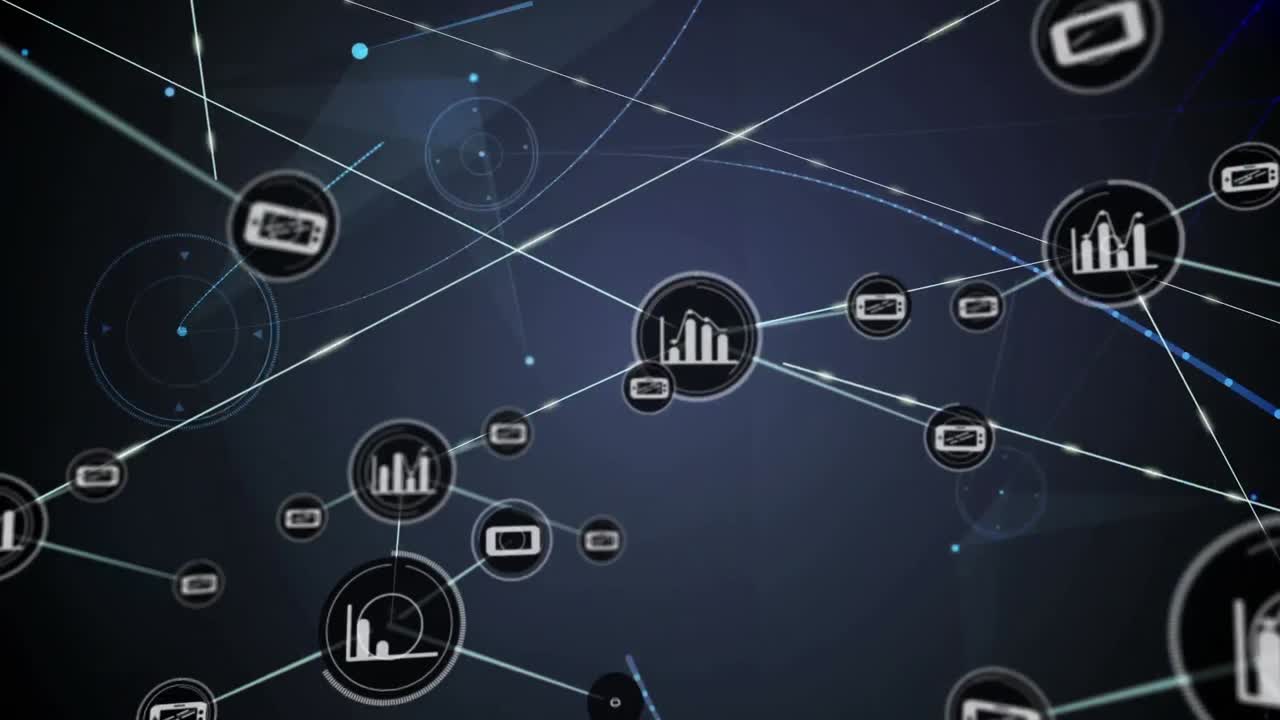 Animation of mobile, graph icons connecting dots with bright blue light on digital interface