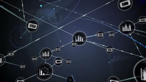 Animation-of-mobile,-graph-icons-connecting-dots-with-bright-blue-light-on-digital-interface