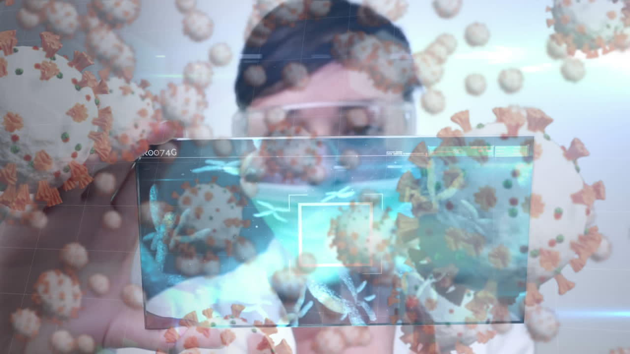 animación de un científico que usa una máscara protectora y una pantalla interactiva de las células del coronavirus.