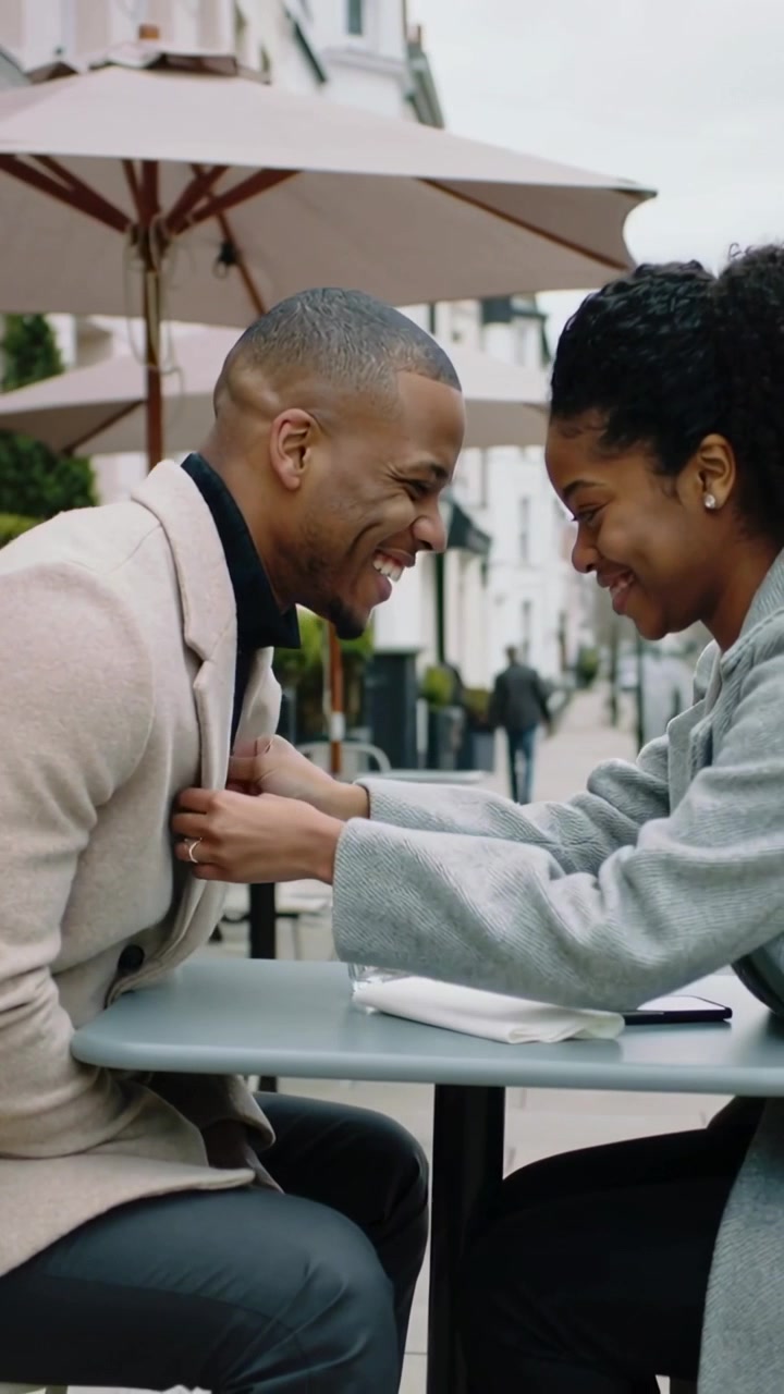 Vertical video: Leaning couple in coats laughing while she straightening man's lapel at cafe caring