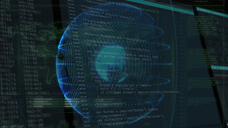 Visualizing blue digital globe ringed by data, spinning on dashboard showing code snippets, charts