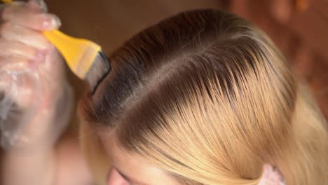 hairdresser applying tint with a small applicator brush to the roots of a clients hair