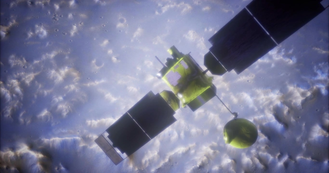 Global surveyor satellite above earth showcasing detailed cloud formations