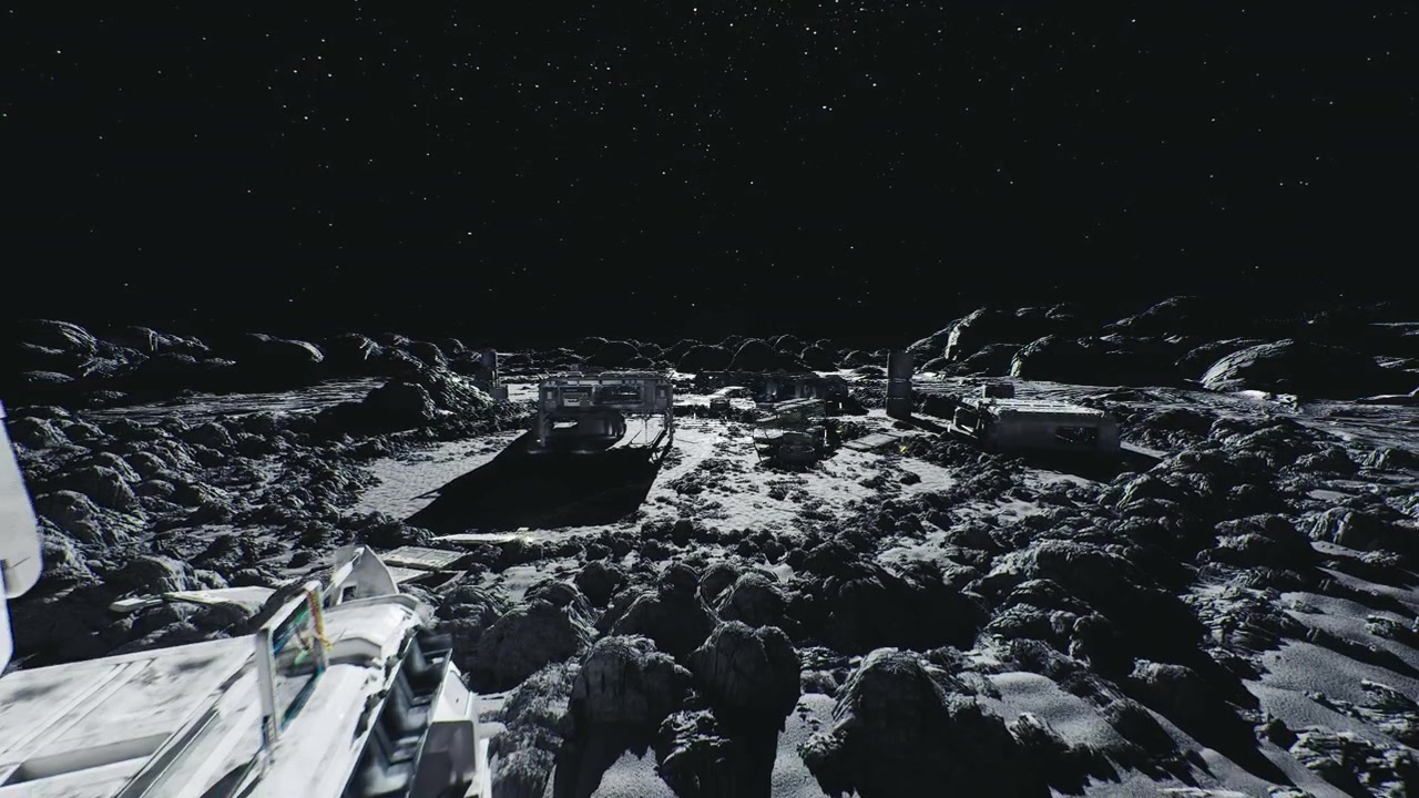 Resource extraction site on moon with heavy machinery and geological tools