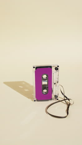 vertical video of retro tape with pink label and copy space on yellow background