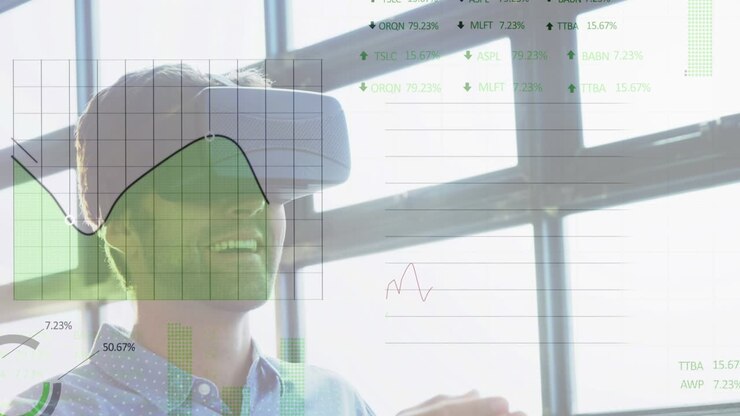 Animation of financial data processing over businessman wearing vr headset