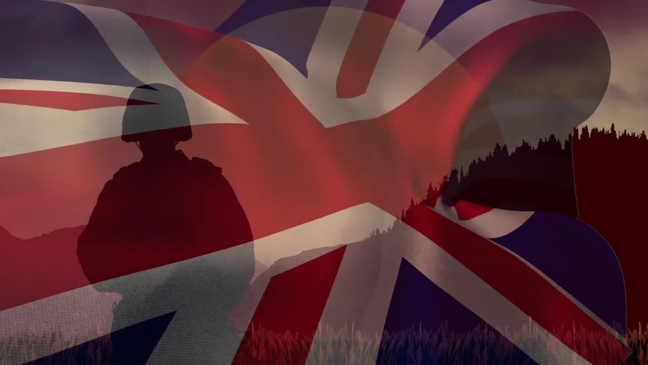 animación de la bandera británica y el soldado sobre el paisaje