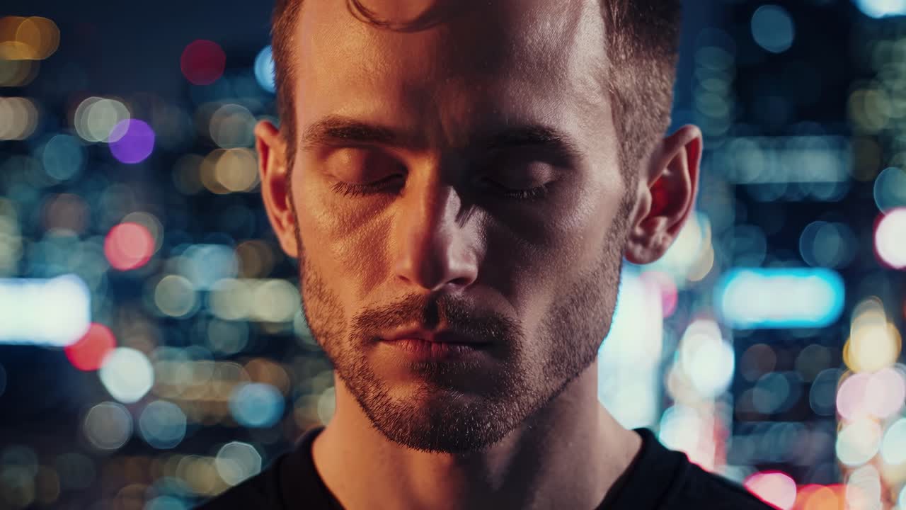 Male figure with closed eyes is immersed in thought against a vibrant city backdrop, capturing a moment of introspection and emotional depth in urban setting